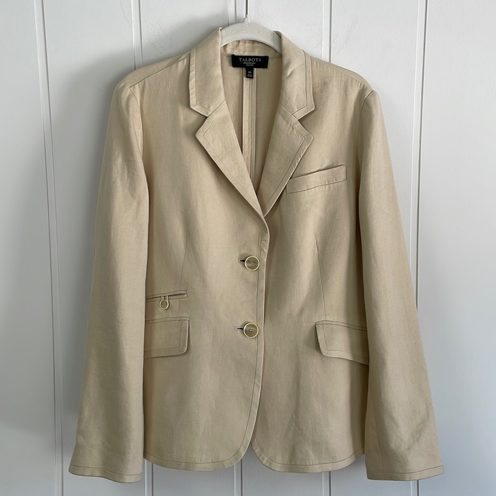 Talbots Linen Blend Blazer Women's Size 14P Single Breasted Pockets Neutral